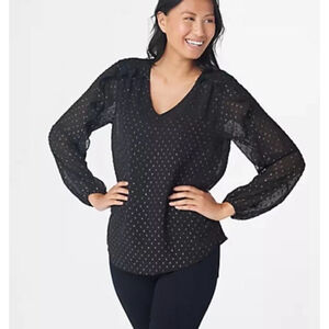 Belle by Kim Gravel Clip Dot Mini Ruffle Sleeve Blouse Black Sz 6-8/S A372046